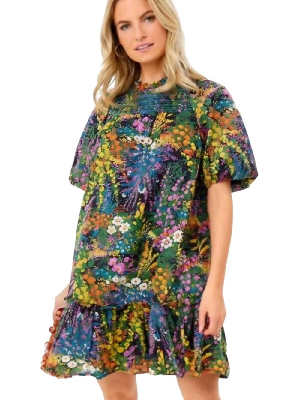 Banjanan Nicole Mini Dress Floral Print Puff Sleeve Smocked Neckline Size M